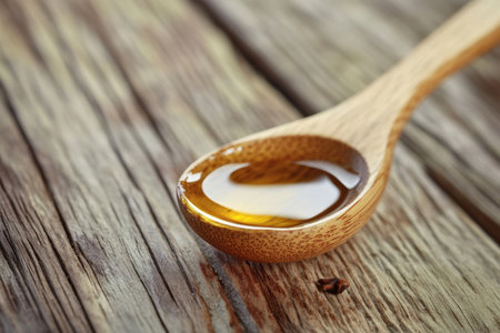 A close view of a wooden spoon filled with golden clove oil, resting on a rustic wooden surface. This natural remedy is known for its soothing properties, perfect for alleviating tooth pain.の写真素材