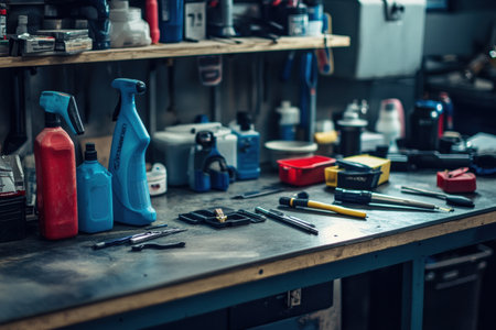 A well arranged assortment of car detailing tools waits on a workbench, showcasing vibrant spray bottles, brushes, and other essential equipment ready for an intense cleaning session.の写真素材