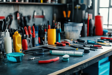 Various car detailing tools are carefully laid out on a well used workbench. The environment reflects a preparation for deep cleaning, showcasing vibrant colors and diverse instruments.の写真素材