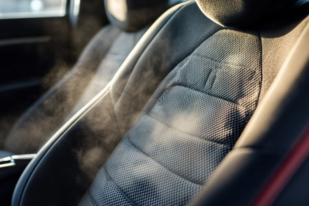 A thorough cleaning takes place as a vacuum removes dust from car seats. The process showcases the effectiveness of modern technology in maintaining vehicle hygiene.の写真素材