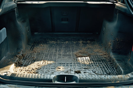 A meticulous cleaning process reveals a car trunk filled with dirt and debris, as a vacuum works to restore its pristine condition. Attention to detail ensures a spotless finish.の写真素材