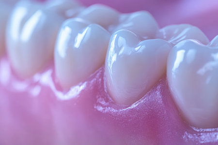 This close up displays gum recession, exposing a sensitive tooth root. The high definition details highlight potential dental health issues and the importance of oral care routines.の写真素材