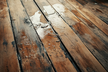 Wooden flooring displays extensive water damage with noticeable swelling and deterioration. The surface reflects moisture indicating prolonged exposure to water or humidity.の写真素材