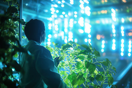 A scientist observes and monitors the growth of plants illuminated by bright LED lights inside a...
