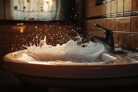 Water overflows from an uncontained sink in a bathroom creating a dramatic splash that cascades over the edge. The scene captures the chaos caused by plumbing issues.の写真素材