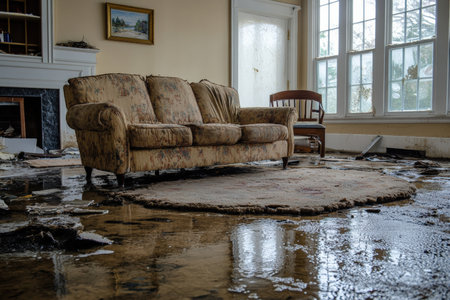 A living room is covered with water ruining a carpet and furniture after a severe flood. Waterlogged upholstery warped floors and debris highlight the disasters impact.の写真素材