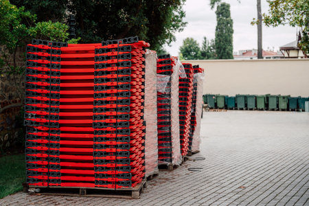 plastic red fences in a stack outdoorの写真素材