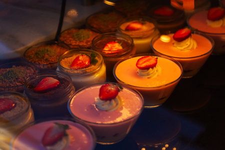 Turkish popular desserts with strawberries in a row on the counter in Turkeyの写真素材