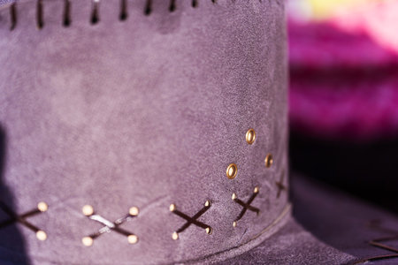 Closeup of a cowboy hat with black stitching detailの写真素材