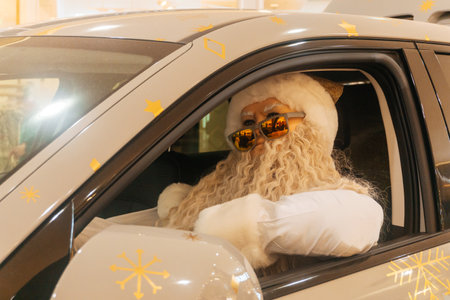 Santa Claus is in the car. Santa Claus in an open car window