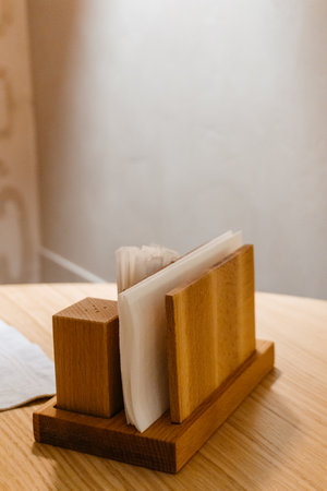 bamboo napkin holder on the dining table. paper white napkins onの写真素材