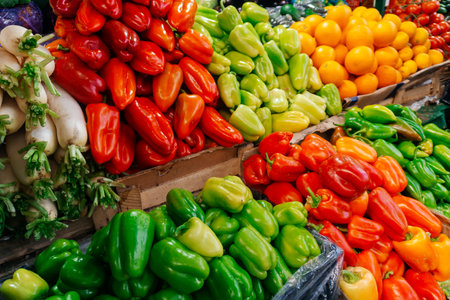 fresh bell pepper on the market counter. sale of vegetables in Kazakhstan