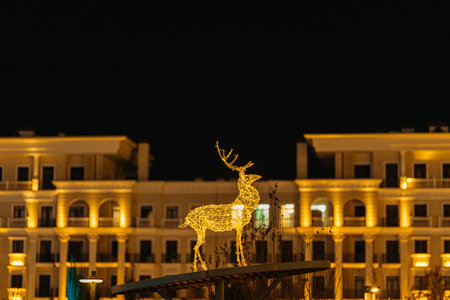 A large metal Christmas deer with a light. New Years decoration of the city in the new yearの写真素材