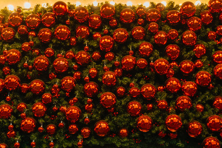 the texture of round Christmas balls. decoration with plastic Christmas balls in the city