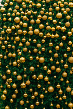 the texture of round Christmas balls. decoration with plastic Christmas balls in the city