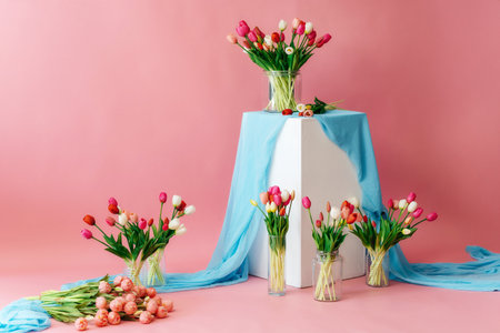 colored tulips with white stand on pink background. bouquet of tulip buds in glass vase on coloredの写真素材