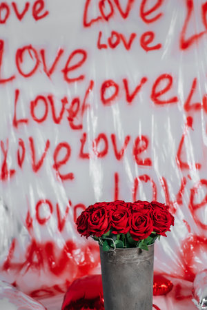 word love on a plastic bag red roses and foil balloons.の写真素材