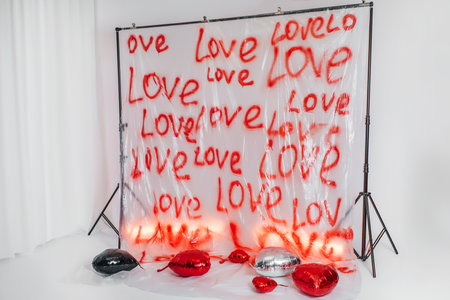 word love written on a plastic bag with an aerosol can. zone for Valentines Day on white backgroundの写真素材