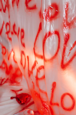 love inscription on a plastic bag with red spray paint. photo zone for March 8の写真素材