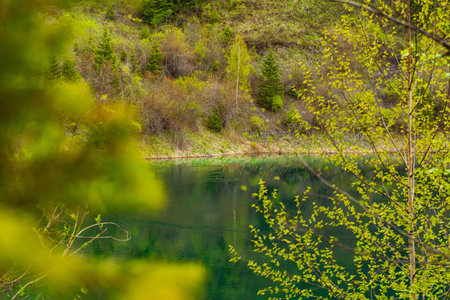spring in the mountains of kazakhstan. clean melt water in the reservoir almaty