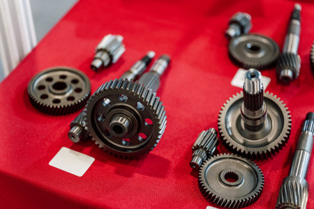 gears on fabric in the store. spare parts for repairing wheels on a motorcycle. gears for a scooter