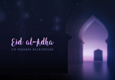 Eid Al-Adha Islamic holidays. greeting card. lamps on a blurred background arches. On bokeh arch interior background. Ramadan Kareem. Card design template. Traditional arabic poster card objectのイラスト素材