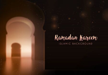 Ramadan Kareem Islamic holidays. Greeting card. lamps on a blurred background arches. On bokeh arch interior background. Card design template. Traditional arabic poster card objectのイラスト素材