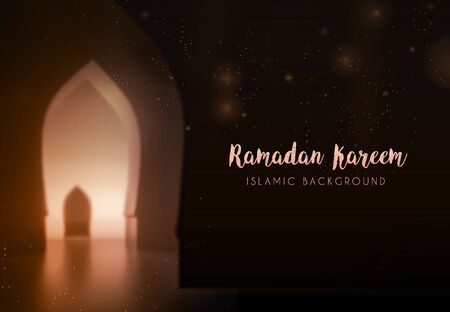 Ramadan Kareem Islamic holidays. Greeting card. lamps on a blurred background arches. On bokeh arch interior background. Card design template. Traditional arabic poster card objectのイラスト素材