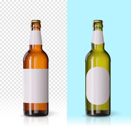 Wheat beer ads, realistic vector beer bottle with attractive beer and ingredients on background. Bottle beer brand concept on backgrounds, with different mock ups and caps. Set of bottlesの写真素材