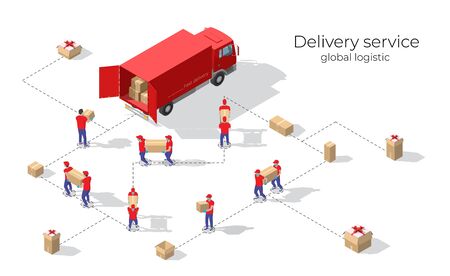 Isometric big set of delivery man in uniform holding boxes in different poses and protection masks. Vector collection delivery service workers. Fast delivery van. Isometric Logistics iconsのイラスト素材