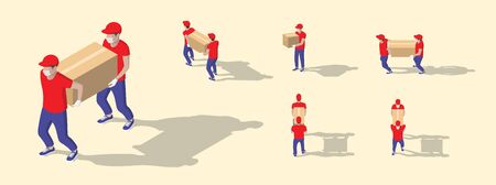 Isometric big set of delivery man in uniform holding boxes in different poses and protection masks. Vector collection delivery service workers. Fast delivery van. Detailed illustrations of peopleのイラスト素材