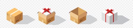 Carton gift boxes delivery packaging open and closed box with bows. Vector isometric cardboard box mockup setのイラスト素材