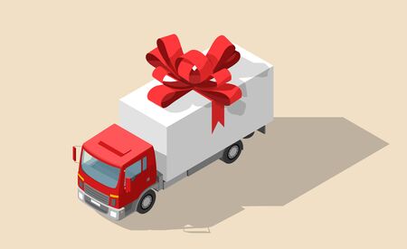 Free shipping vector illustration. Isolated delivery truck with red bow. Gift box on truck. Set of white open and closed gift box present with red ribbon bow in isometric. Cargo logisticsのイラスト素材