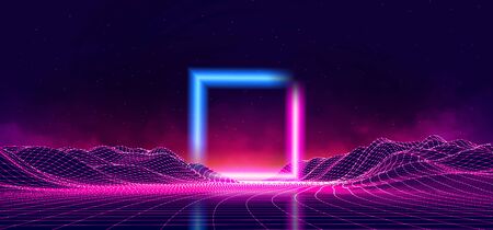 Abstract digital landscape with particles dots and stars on horizon. Wireframe landscape background....