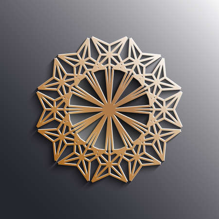 3d silver Islamic ornament on a gray background. Arabic vector pattern. Carving for metal. Used for brochure, cards.のイラスト素材