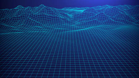 Vector retro futuristic background. Abstract digital landscape with particles dots and stars on...