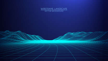 Vector retro futuristic background. Abstract digital landscape with particles dots and stars on horizon. Wireframe landscape background. Big Data Digital retro landscape Retro Sci-Fi Background.のイラスト素材