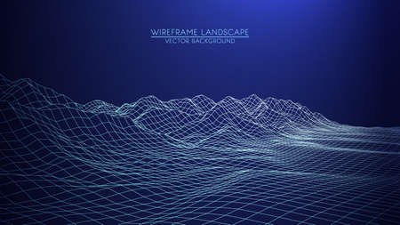 Vector retro futuristic background. Abstract digital landscape with particles dots and stars on horizon. Wireframe landscape background. Big Data Digital retro landscape Retro Sci-Fi Background.のイラスト素材