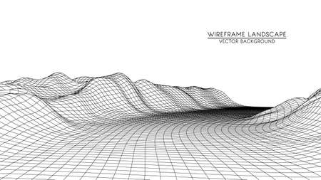 Vector retro futuristic background. Abstract digital landscape with particles dots and stars on horizon. Wireframe landscape background. Big Data Digital retro landscape Retro Sci-Fi Background.のイラスト素材