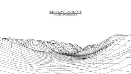 Vector retro futuristic background. Abstract digital landscape with particles dots and stars on horizon. Wireframe landscape background. Big Data Digital retro landscape Retro Sci-Fi Background.のイラスト素材