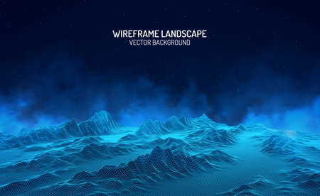 Vector retro futuristic background. Abstract digital landscape with particles dots and stars on horizon. Wireframe landscape background. Big Data Digital retro landscape Retro Sci-Fi Background.のイラスト素材