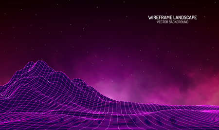 Vector retro futuristic background. Abstract digital landscape with particles dots and stars on horizon. Wireframe landscape background. Big Data Digital retro landscape Retro Sci-Fi Background.のイラスト素材