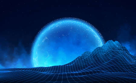 Vector retro futuristic background. Abstract digital landscape with particles dots and stars on...