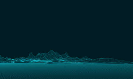Abstract digital landscape with particles dots and stars on horizon. Wireframe landscape background....