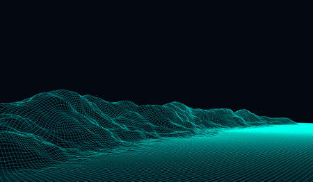 Abstract digital landscape with particles dots and stars on horizon. Wireframe landscape background. Big Data. 3d futuristic vector illustration. 80s Retro Sci-Fi Backgroundのイラスト素材