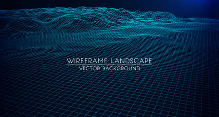 Abstract digital landscape with particles dots and stars on horizon. Wireframe landscape background. Big Data. 3d futuristic vector illustration. 80s Retro Sci-Fi Backgroundのイラスト素材