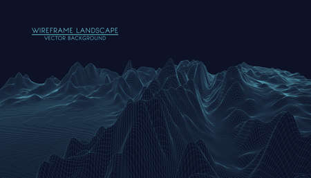 Abstract digital landscape with particles dots and stars on horizon. Wireframe landscape background....