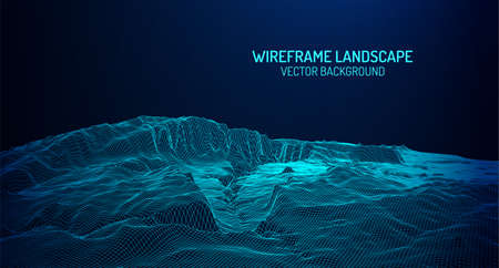 Abstract digital landscape with particles dots and stars on horizon. Wireframe landscape background. Big Data. 3d futuristic vector illustration. 80s Retro Sci-Fi Backgroundのイラスト素材