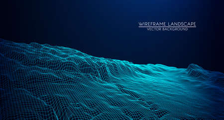 Abstract digital landscape with particles dots and stars on horizon. Wireframe landscape background. Big Data. 3d futuristic vector illustration. 80s Retro Sci-Fi Backgroundのイラスト素材
