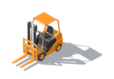 Isometric Forklift truck isolated on white background. Fork loader, logistics company, warehouse. 3D Cargo delivery infographics. Downのイラスト素材